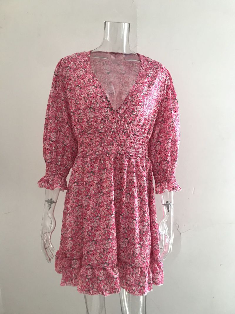 Damenbekleidung Mittellanges Kleid mit Taillenpullover, böhmisches, bedrucktes, kurzärmliges, fragmentiertes Blumenkleid_voghion.com