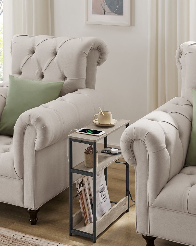 VASAGLE Slim Side Table With Charging Station, 3-Tier Bedside Table_voghion.com