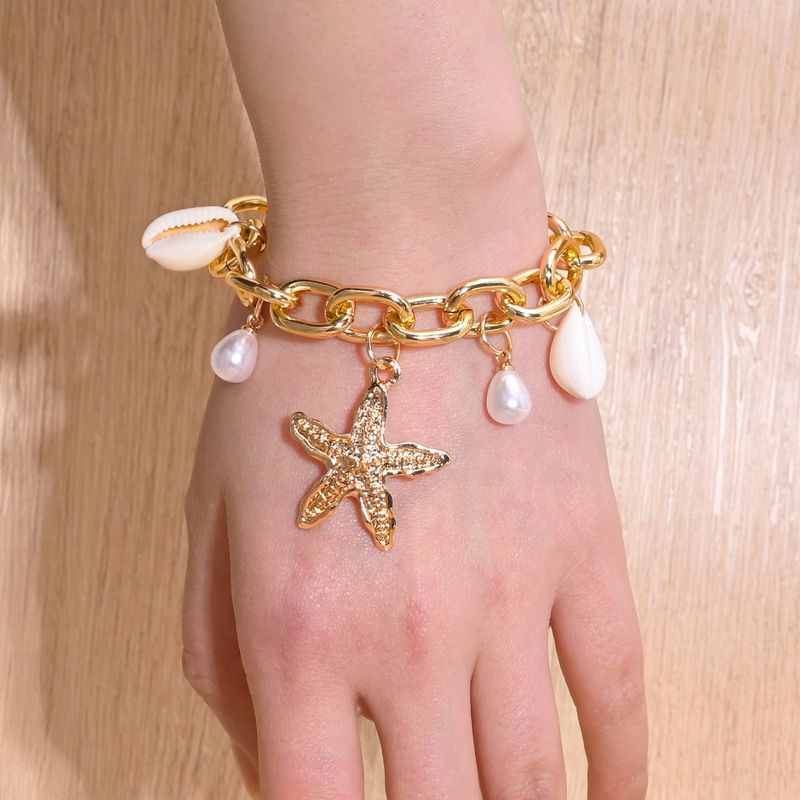 Bracciale estivo con perle e conchiglie a forma di stella marina per donna, design a catena unico, gioielli in stile vacanza al mare_voghion.com
