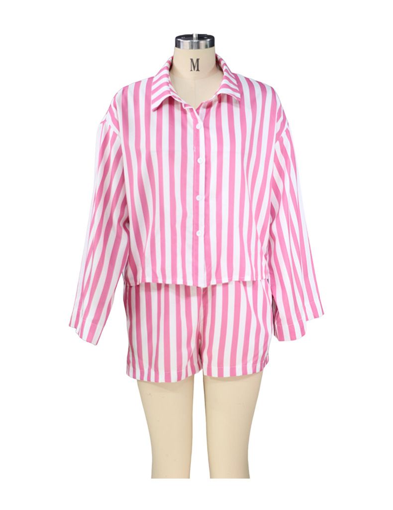 Vêtements pour femmes Été Nouveau cardigan ample pour femmes Haut rayé Short décontracté Ensemble deux pièces_voghion.com