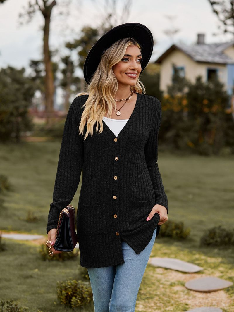 Nueva chaqueta tipo cárdigan de manga larga de color liso con tiras cepilladas para mujer_voghion.com