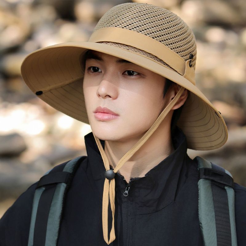 Fashion 10cm Wide Brim Sun for Men UPF 50+ Boonie Summer UV Protection Outdoor Fishing Hiking Hat Breathable Mesh Bucket Cap_voghion.com