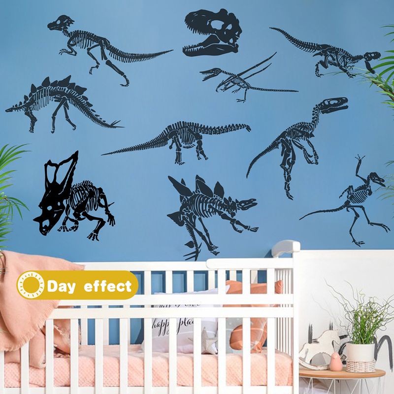 10 grønne, lysende børneværelsesklistermærker AFG3541 dinosaurskelet med sorte lysende elementer_voghion.com
