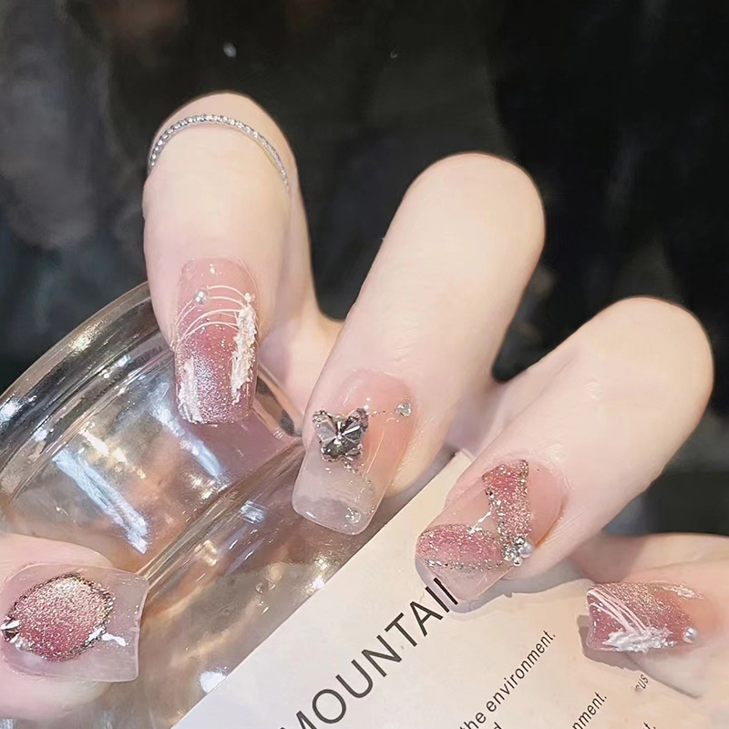 Abnehmbare lange 24-teilige künstliche Nägel mit Farbverlauf, blaues Design, Ballerina-Kunstnägel, tragbar, zum Aufdrücken auf die Nägel, vollständige Abdeckung_voghion.com