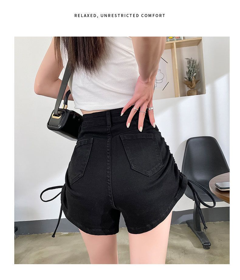 Strap drawstring denim shorts for women in summer, niche design with high waist slimming effect. Spicy girls have a_voghion.com