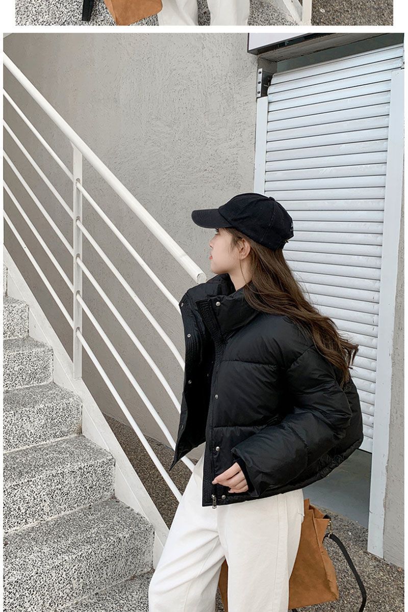Piumino corto da donna in similpelle con collo alto - Cappotto oversize da streetwear con fodera calda e spessa (caffè, beige, nero, verde)_voghion.com