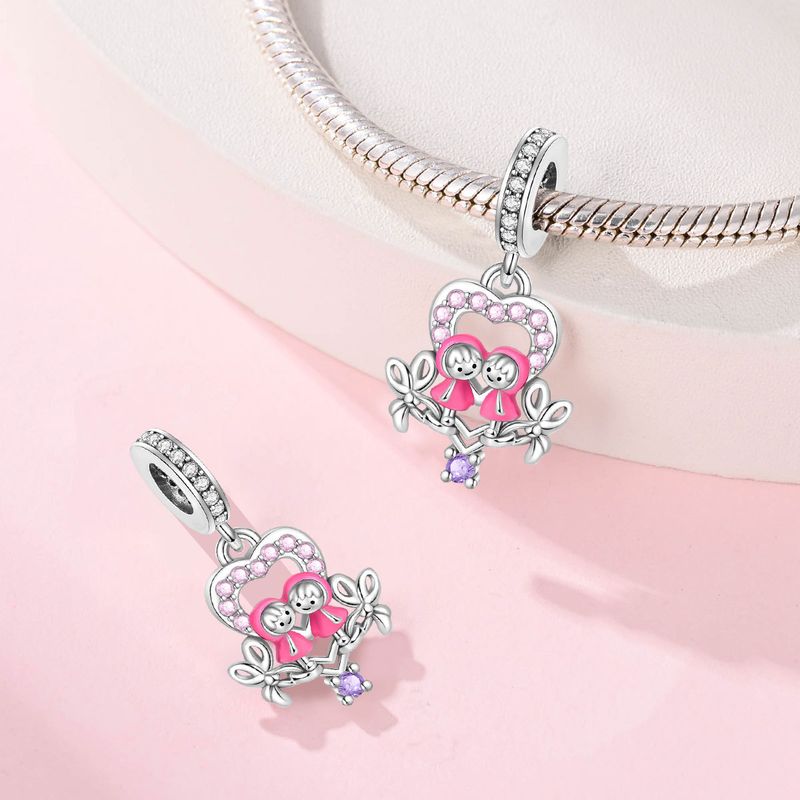 Joyería para mujer, estilo familiar, colgante de rosa rosa con forma de hermana, cuentas, accesorios de joyería DIY, pulsera de plata bañada en cobre blanco._voghion.com