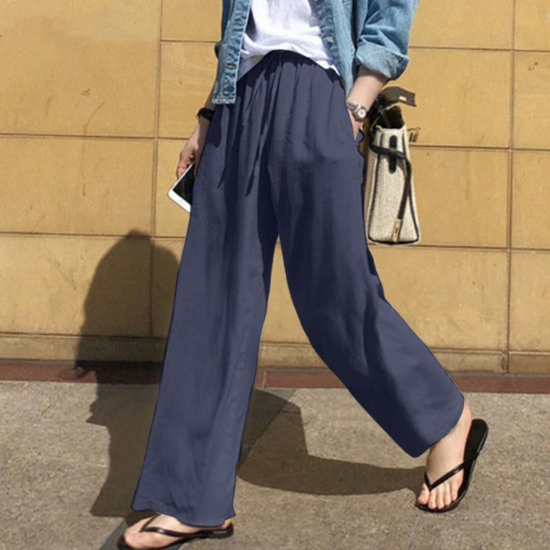Pantaloni a gamba larga da donna, pantaloni di lino da donna alla moda a vita alta, pantaloni larghi casual in tinta unita all'ingrosso_voghion.com
