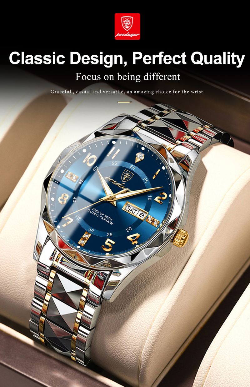 Herr Kvartsklocka Vattentät Date Week Luminous Armbandsur Rostfritt stål Herrklockor Sport Herrklocka_voghion.com