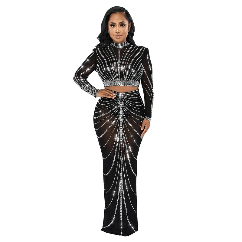 Kadın Giyim Mesh Mesh See Through Uzun Kollu Uzun Etek İki Parça Set_voghion.com