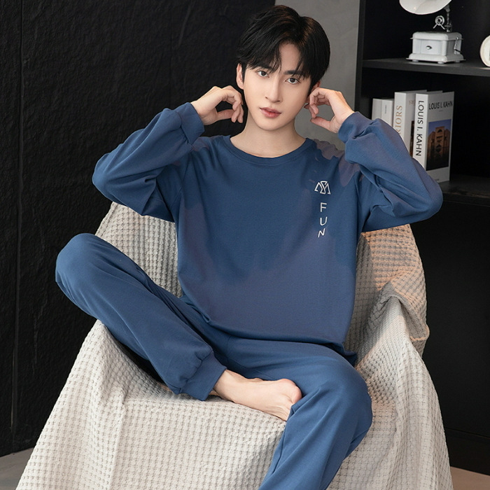 Pijamas masculinos no outono, pulôver de algodão, manga comprida, ajuste solto, tamanho grande, terno masculino para casa para o outono_voghion.com