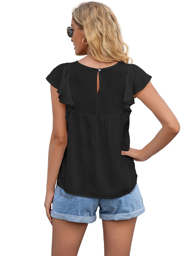 Dames top met ronde hals, losse ruches en korte mouwen_voghion.com