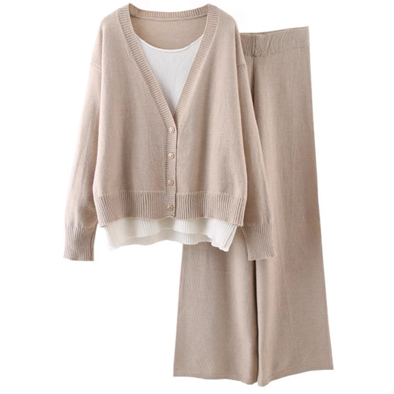Vêtements pour femmes Costume de mode tempérament décontracté faux deux pièces tricoté cardigan haut pantalon large tricoté ensemble deux pièces pour les femmes_voghion.com
