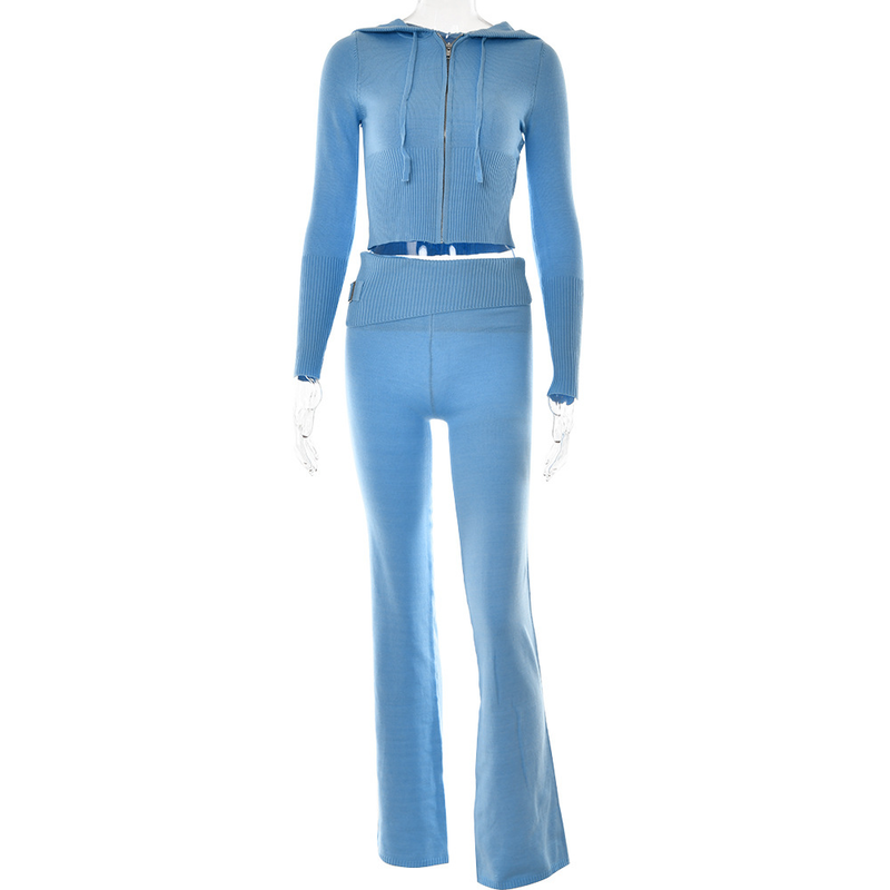 Women's knitted hooded suit women's fashion sexy high-waisted long-sleeved trousers two-piece set_voghion.com