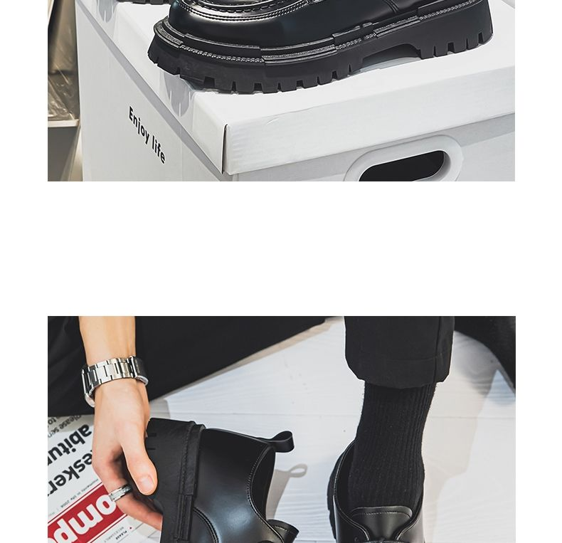 Leather shoes for men in spring and summer, new black round head with high inner height, student lace up small leather_voghion.com