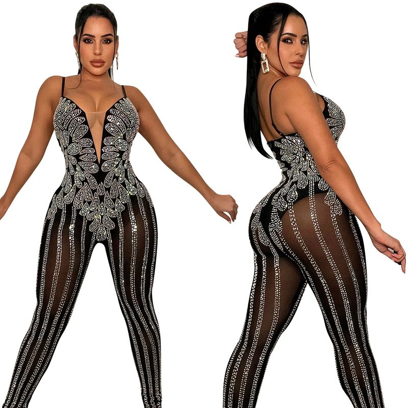Dameklær Mote Nattklubb Mesh Hot Diamond Perspective Suspender Jumpsuit Dameklær_voghion.com