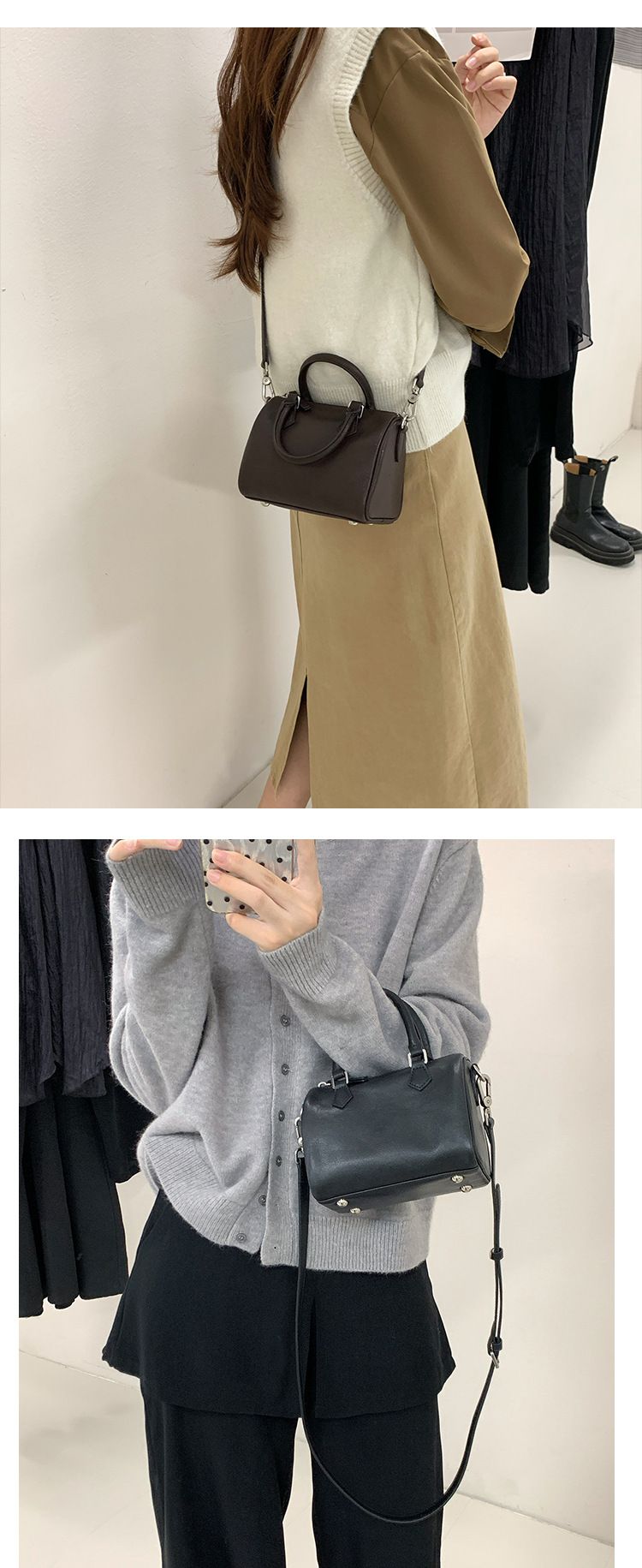 Small Mantou shaped bowling women's 2024 new Boston leather portable shoulder bag_voghion.com