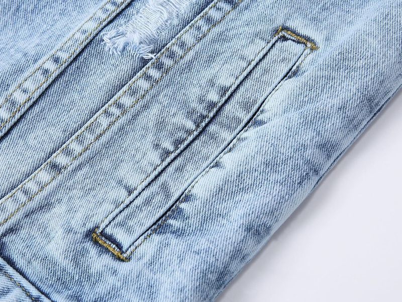 Giacca in denim effetto consumato, casual, stile boho, da donna, con maniche lunghe e strass, vestibilità ampia, colletto polo (azzurro)_voghion.com