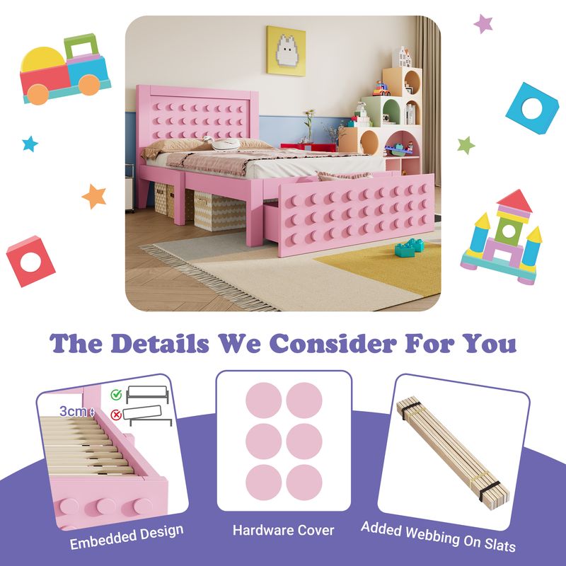 Holzbett 90x190cm Mit Blockdesign, Massivholz, Schubladen, Stauraum, Rosa_voghion.com