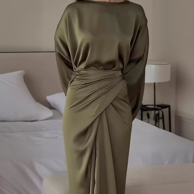 Women's Clothing simple bat sleeve tie waist slim solid color dress for women_voghion.com