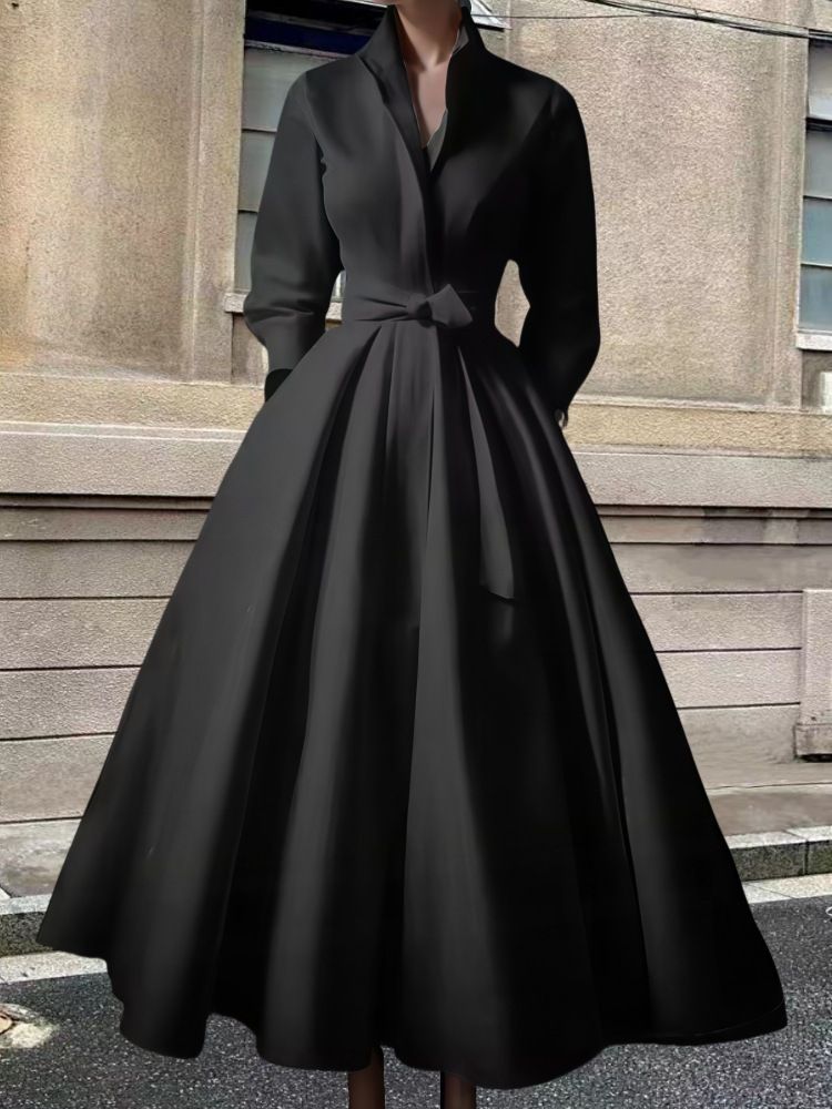 Abbigliamento da donna retrò collo alto spalline abito a maniche lunghe per le donne inverno nuovo temperamento di fascia alta elastico in vita abito da sera_voghion.com