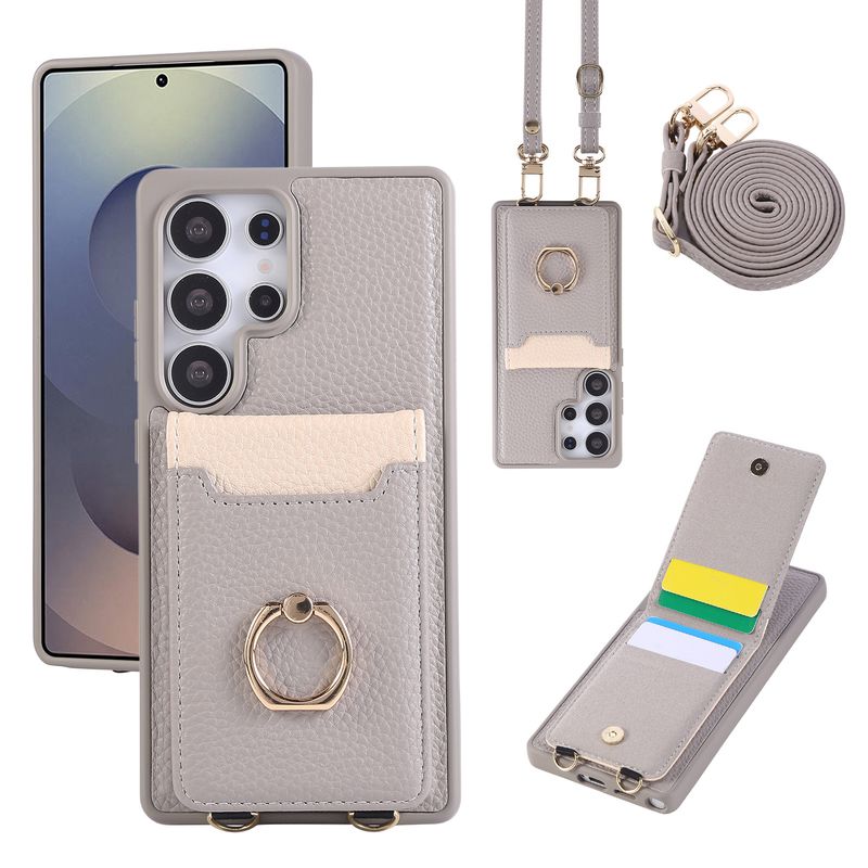 Adatto per Samsung S25 Ultra Custodia in pelle per cellulare con slot per schede S24 S23 Custodia per cellulare con anello con motivo a litchi e cordino_voghion.com