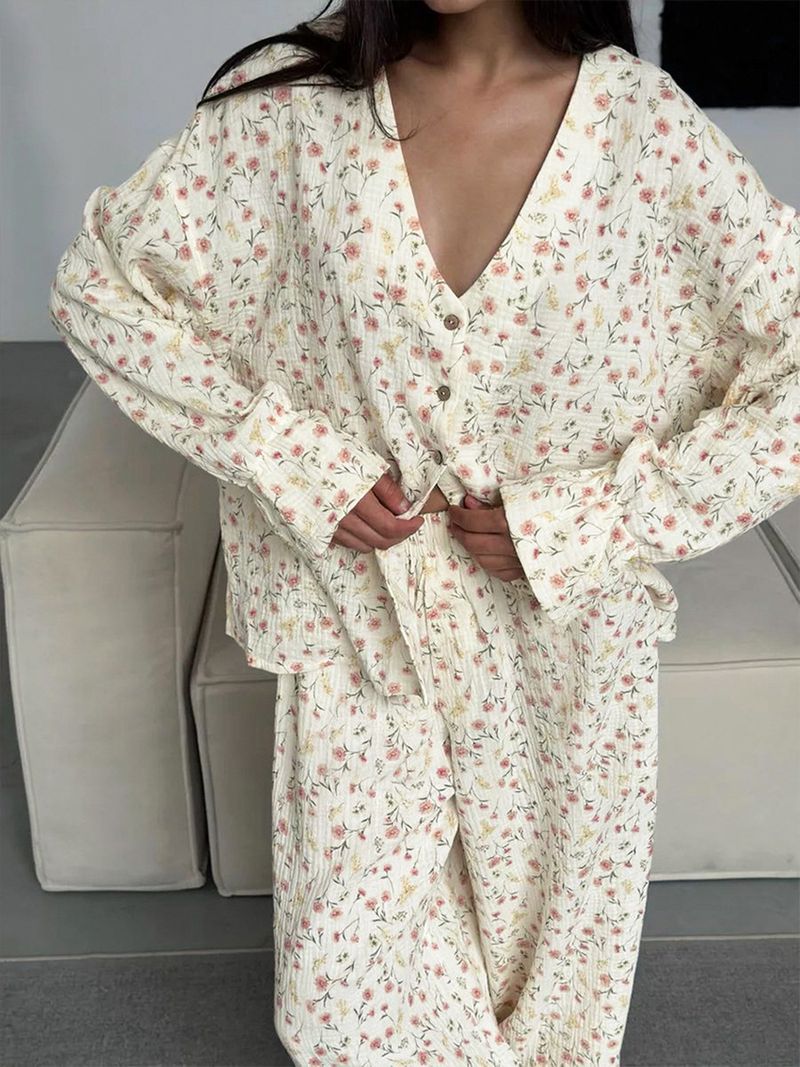 Damen Nachtwäsche Reine Baumwolle Bedruckte Hose Pyjama Set Neue Strickjacke Pyjamas Home Kleidung_voghion.com