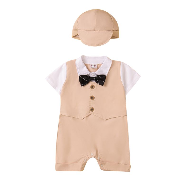 SAMGAMI BABY Ensemble trois pièces pour garçon, version coréenne, barboteuse à manches courtes, gilet et chapeau, blanc, nœud papillon, bretelles_voghion.com