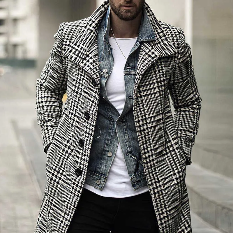 Frakker PFHQ 2022 Efterår Herremode Plaid Windbreaker Casual Streetwear Overfrakke Gentleman Trench Lang Frakke Manteau_voghion.com