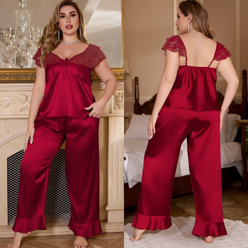 Large Size Ice Silk Pajamas Women's Multi-colored Lace Sexy Short-sleeved Trousers Loungewear Set_voghion.com