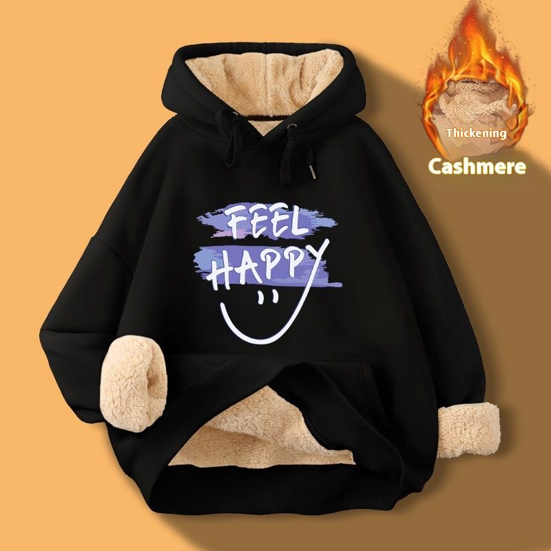 Hooded lamb shoulder black hooded sweatshirt for autumn winter, with thickened and extra thick one-piece fleece_voghion.com