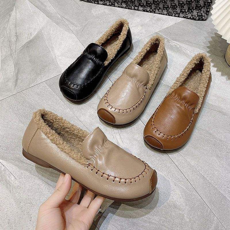Furry 2025 Autumn Winter New Korean Style Round Toe Flat Loafers Shallow Mouth Single Shoes For Women_voghion.com