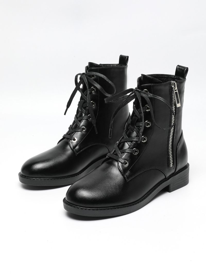 Commerce extérieur transfrontalier grande taille à la mode et polyvalent confortable automne et hiver à lacets côté fermeture éclair noir dames bottes courtes en gros_voghion.com