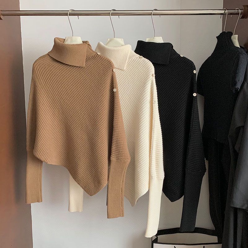 Vêtements pour femmes Pull à col montant irrégulier Pull à col montant Haut en tricot surdimensionné Doux Coupe ample Décontracté Pull à manches longues Chic Tunique de couleur unie_voghion.com