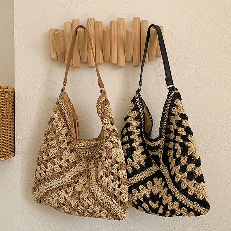 Borsa a tracolla di paglia intrecciata da donna popolare, borsa di medie dimensioni con manico per le vacanze al mare_voghion.com