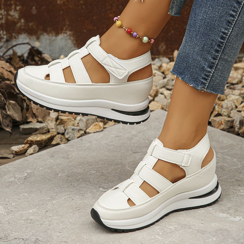 Summer New Wedge Sandals Closed Toe Hollow Breathable Plus Size Platform Thick Sole Velcro Women's Shoes_voghion.com