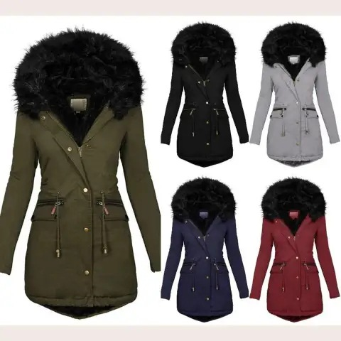 Women's Winter Hooded Long Coat With Faux Fur Trim, Thickened Warm Quilted Jacket, Plus Size Available, Solid Color (Black/Green/Red/Grey/Navy)_voghion.com