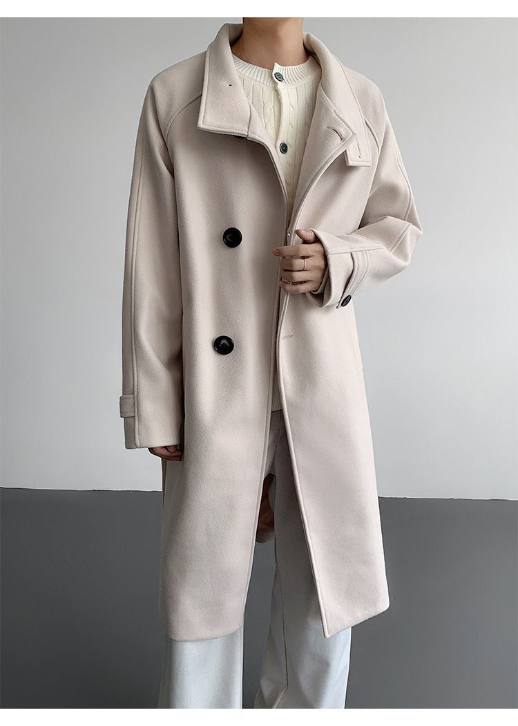 Gabardina de mezcla de lana con cuello alto para hombre: abrigo largo entallado, chaqueta de invierno de botonadura sencilla (negro/albaricoque, M-5XL)_voghion.com