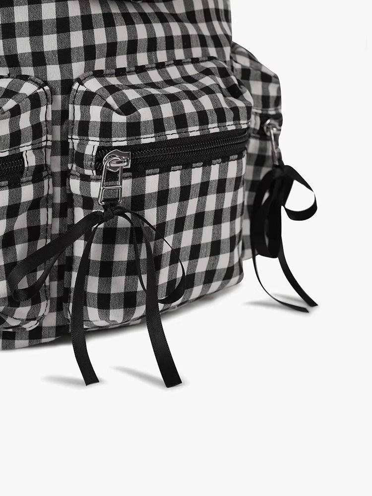 Checkered Women's Large Capacity Bow Backpack Multifunctional Casual Nylon School Bag 2025 New_voghion.com