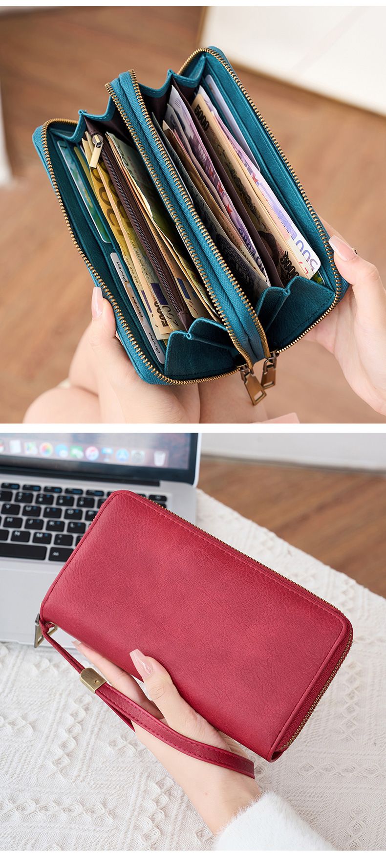 Herren-Geldbörse mit RFID-Schutz, Business-Geldbörse für Herren, modische Geldbörse mit Doppelreißverschluss, lange Geldbörse im Retro-Stil, große Kapazität, Damen-Clutch._voghion.com