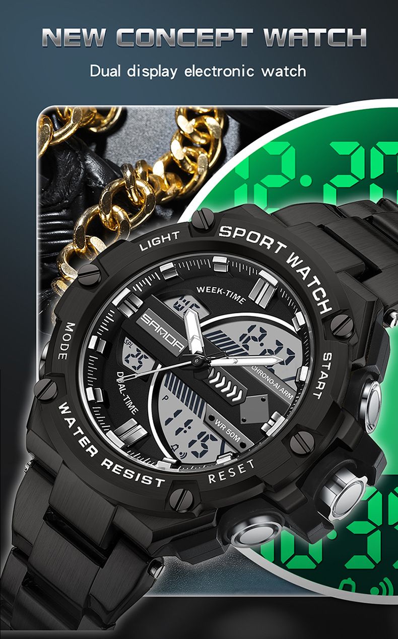 Men's Multifunctional Digital Analog Watch With Stainless Steel Band, Waterproof, Alarm, Calendar & Luminous Display Sports Men's Watch_voghion.com