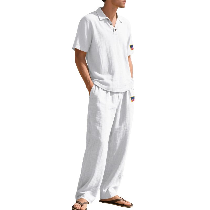 Summer Loose Men's Beach Linen Breathable Casual Large Size Lapel Independence Day Trousers Suit_voghion.com