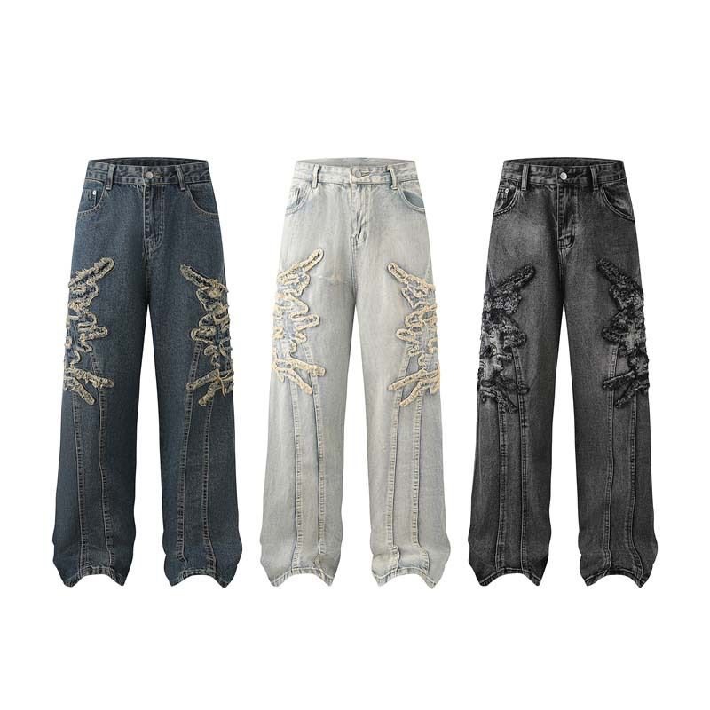 Herrkläder denim applikationer broderi rå kant tvättade distressed jeans herr high street retro byxor med vida ben_voghion.com
