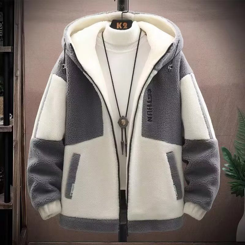 Herbst- und Wintermantel für Herren aus Sherpa-Kapuze, lose, trendige Marke, körniger Veet-Baumwollmantel, verdickt, kontrastierende Farbe, einfach_voghion.com
