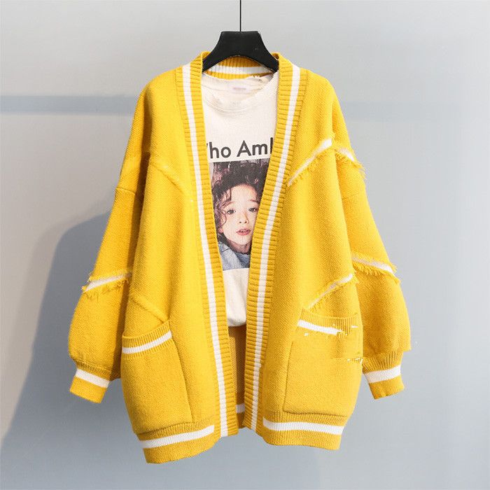 Cardigan oversize in maglia con lettere – Cappotto in maglia spessa con scollo a V (giallo/crema/blu/rosa antico) | Streetwear coreano lungo e aperto sul davanti_voghion.com