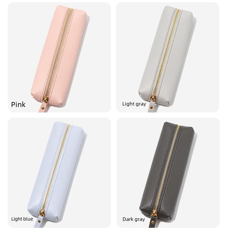 Estojo de couro simples para lápis, bolsa para armazenamento de canetas de escritório, caneta de assinatura, bolsa portátil com zíper à prova de vazamentos para artigos de papelaria_voghion.com