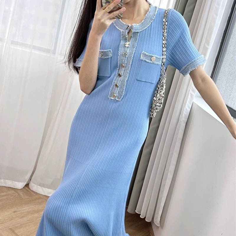 Vêtements pour femmes été denim épissage contraste couleur robe tricotée taille mince jupe longue pour femmes_voghion.com