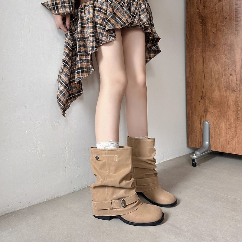 Western Jeans Tube Short für Damen, neuer Herbst, dicker Absatz, gerüschter Slouch-Stil, Martin-Stiefel im britischen Stil_voghion.com