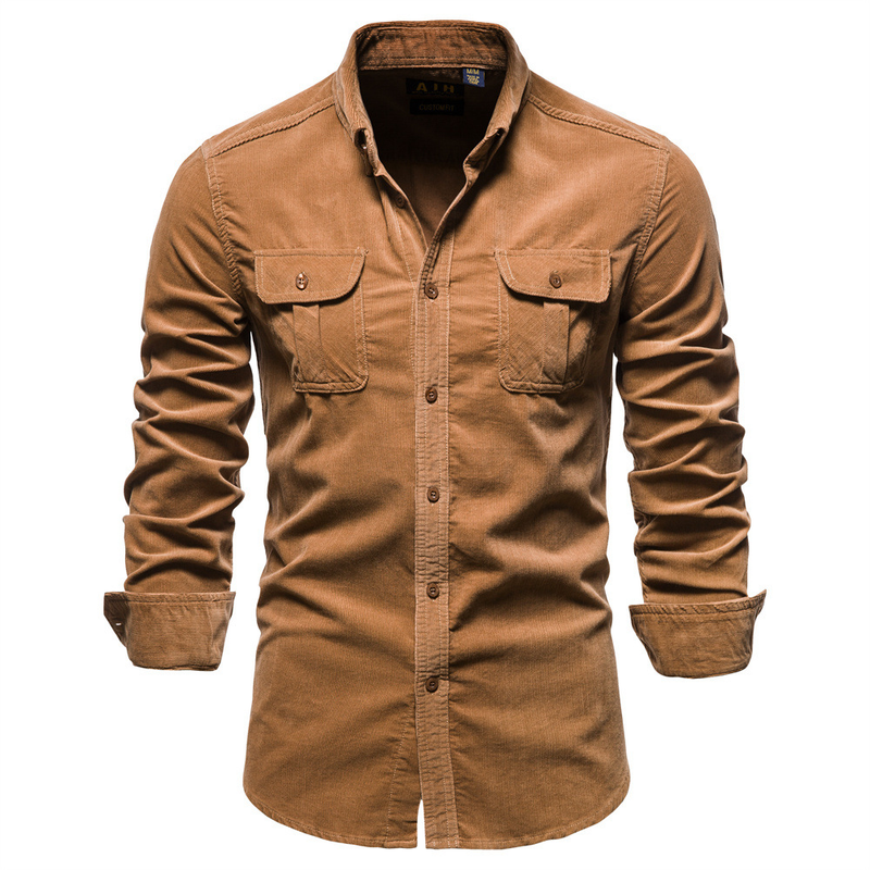 Men's autumn cotton basic corduroy business slim fitting casual shirt men's new long sleeved jacket_voghion.com