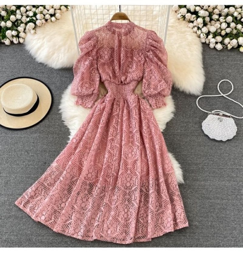 Damen Taille Schlank Puffärmel Spitzenkleid Bohemian Strand Urlaub Langer Rock für Damen_voghion.com